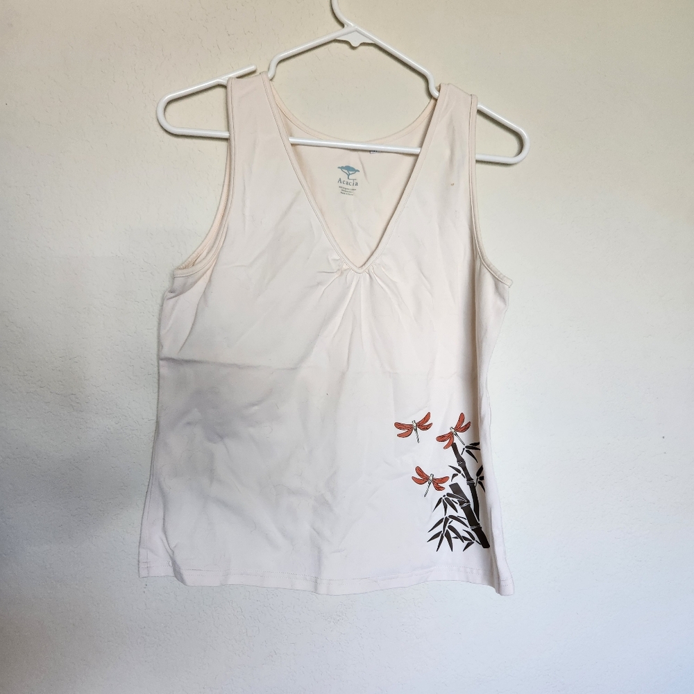 Acacia womens white v neck tank top dragonfly print sz medium organic cotton EUC
